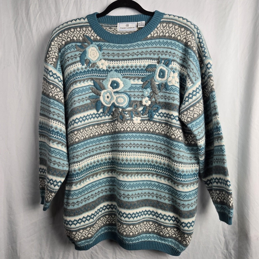 Vintage Maggie Lawrence Fair Isle Fairy Kei Medium‎ Embroidered Sweater 90s Y2K